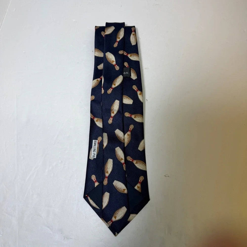A. Rogers Mens Bowling Pin Novelty Tie Navy Blue Silk House Handmade Korea